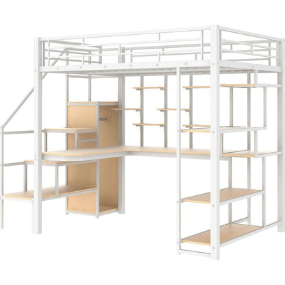 Full Size Metal Loft Bed with Storage Staircase and Small Wardrobe, Built-in Desk and Storage Shelves, White