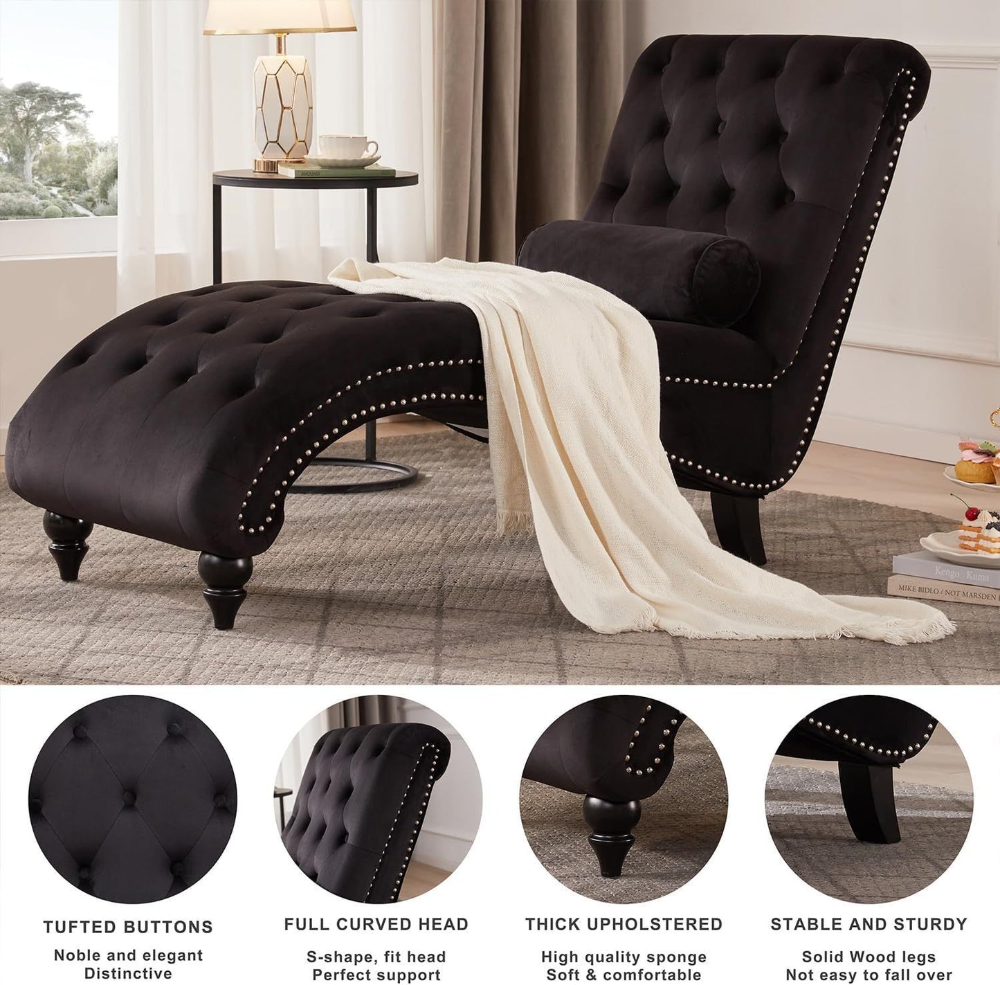 Button-Tufted Chaise Lounge Indoor with Solid Wood Leg+Support Pillow, Upholstered Chaise Lounge Chair for Bedroom Living Room Office, Armless Rolled Backrest Leisure Sofa Recliner-Black Velvet