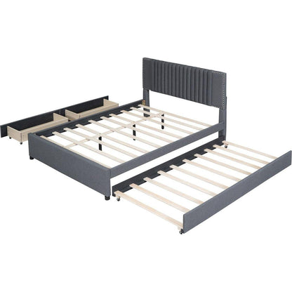 Queen Size Upholstered Platform Bed with 2 Drawers and 1 Twin XL Trundle, Classic Headboard Design, Gray