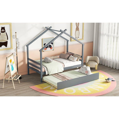 Twin Size House-shaped Bed with Trundle,Grey