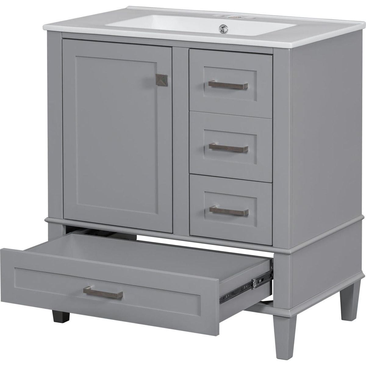 30" Bathroom Vanity, Modern Bathroom Cabinet with Sink Combo Set, Bathroom Storage Cabinet with a Soft Closing Door and 3 Drawers, Solid Wood Frame(Grey)