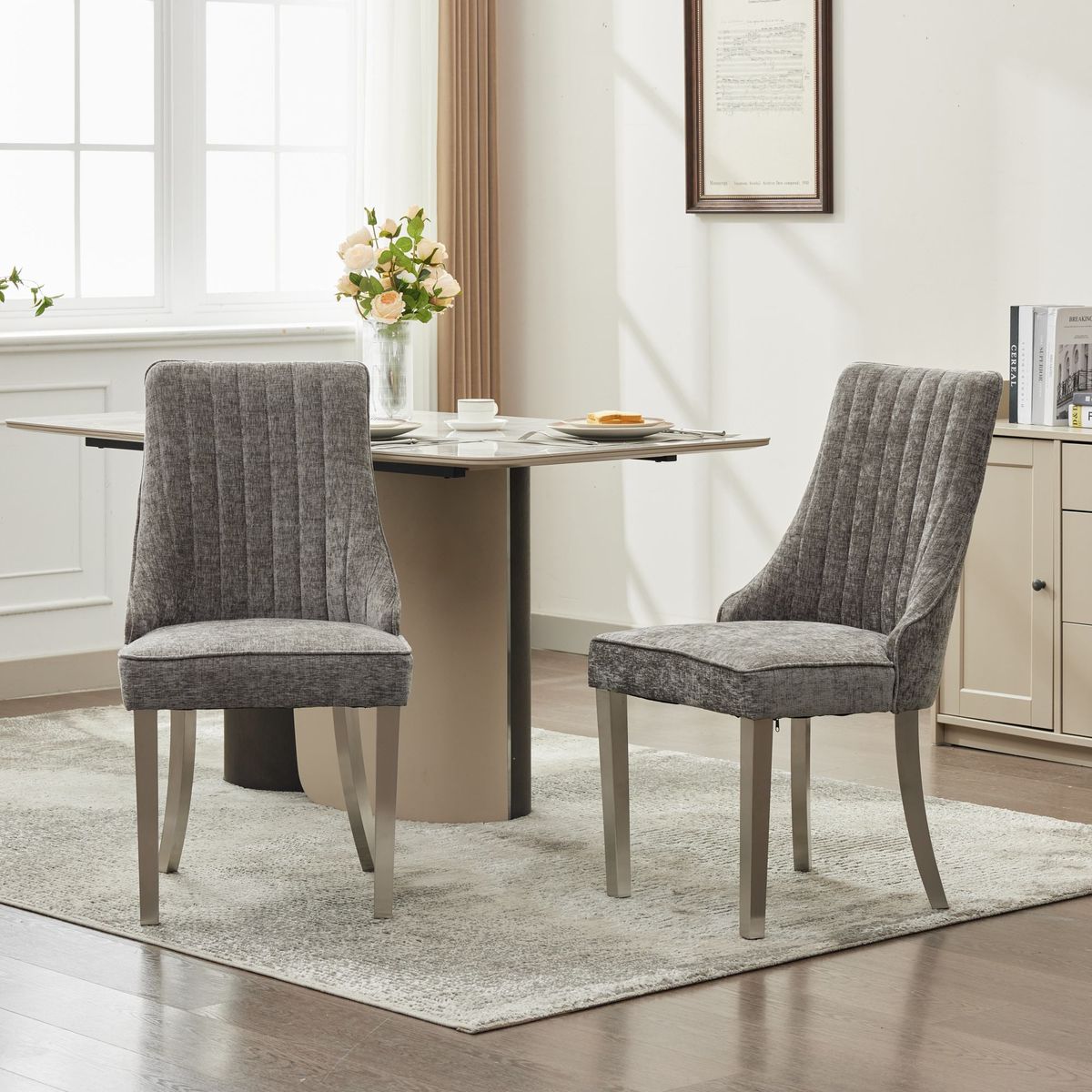 Rayon Cloth Flocking Chenille Dining Chairs Channel Kitchen Dinner Chair Comfy Fabric Upholstered Accent Chair for Dining Room with Silver Brushed Stainless Steel Legs,Set of 2 (Gray), SW1747GY