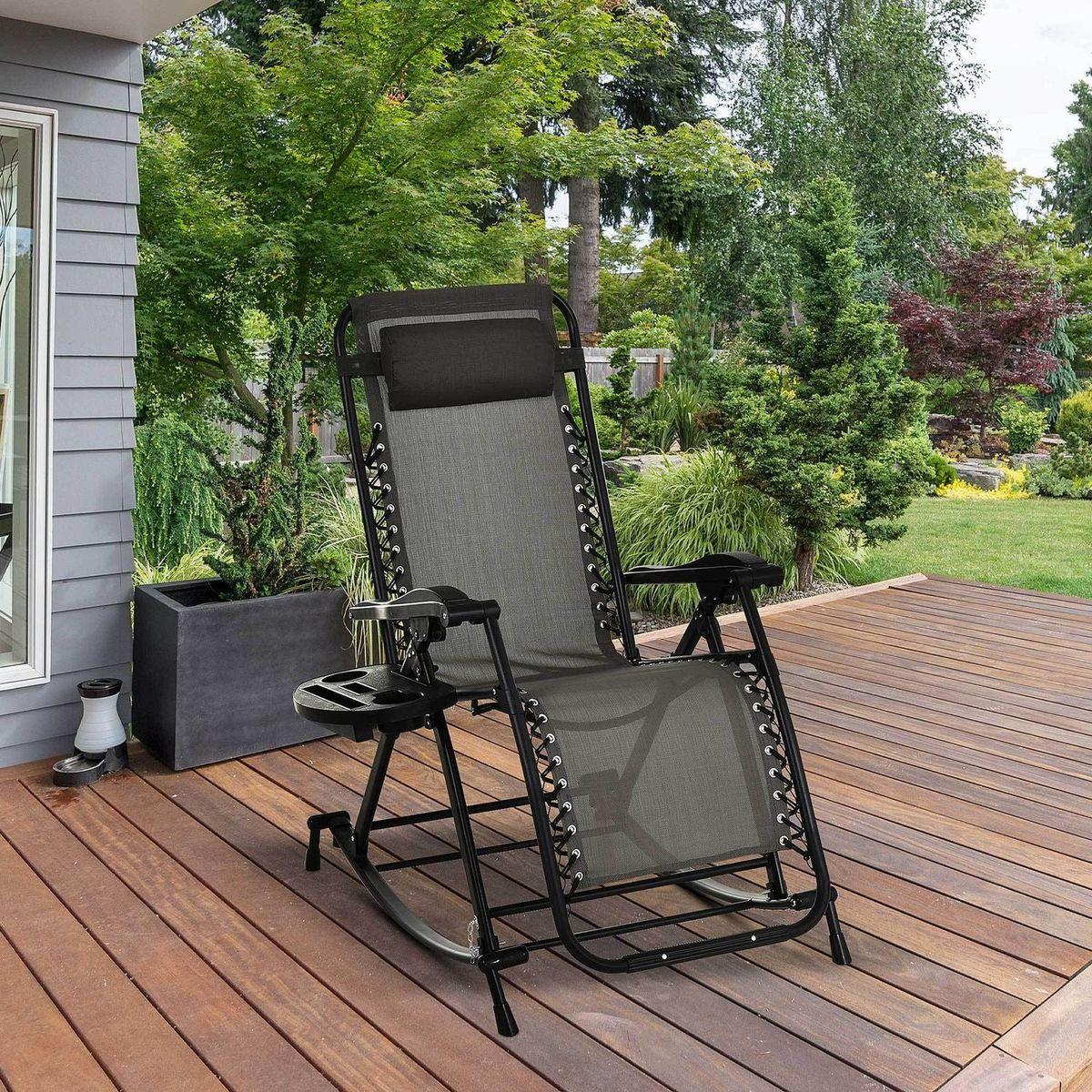 Outdoor Rocking Chairs, Foldable Reclining Anti Gravity Lounge Rocker w/ Pillow, Cup & Phone Holder, Combo Design w/ Folding Legs, Gray