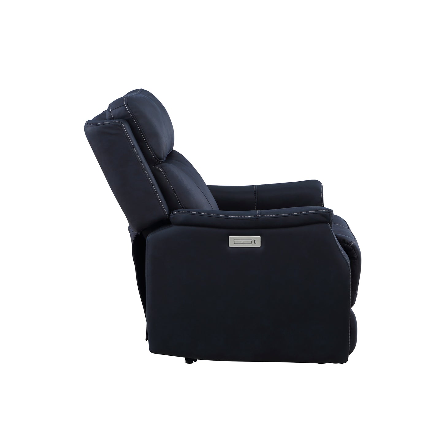 Clean Contemporary Dual-Power Recliner - Ocean Blue Leatherette, Power Footrest, Power Headrest - Easy-Care and Convenience