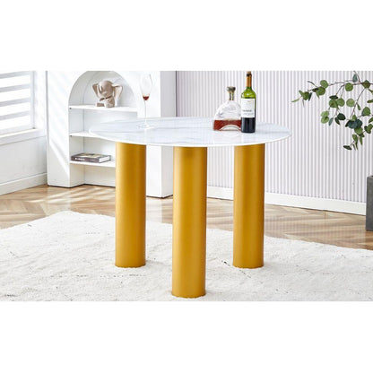Round white dining table, artificial marble glass stickers, golden MDF legs, kitchen dining table, living room dining table 40 "x 40" x 29.4 "F-X03