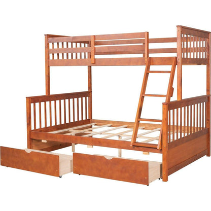 Twin-Over-Full Bunk Bed with Ladders and Two Storage Drawers (Walnut) { o