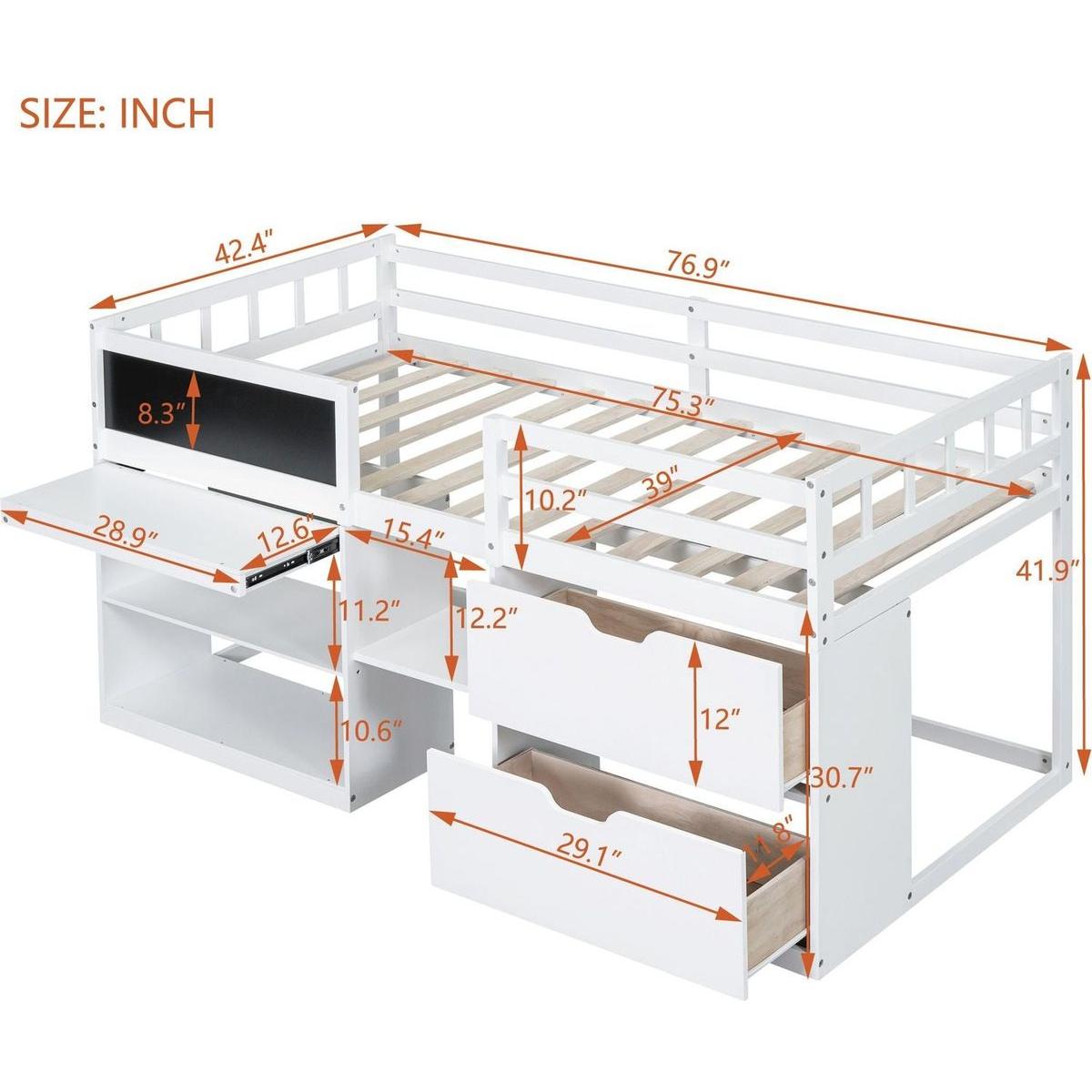 Twin Size Low Loft Bed with Rolling Desk, Shelf and Drawers - White