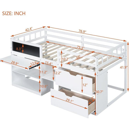 Twin Size Low Loft Bed with Rolling Desk, Shelf and Drawers - White