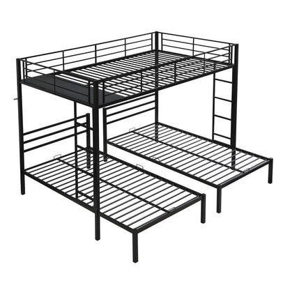 Modern Metal Triple Bunk Bed with Vertical Ladder, Safety Rail, and Storage Shelf in Black