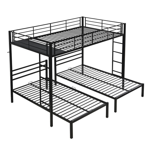 Modern Metal Triple Bunk Bed with Vertical Ladder, Safety Rail, and Storage Shelf in Black