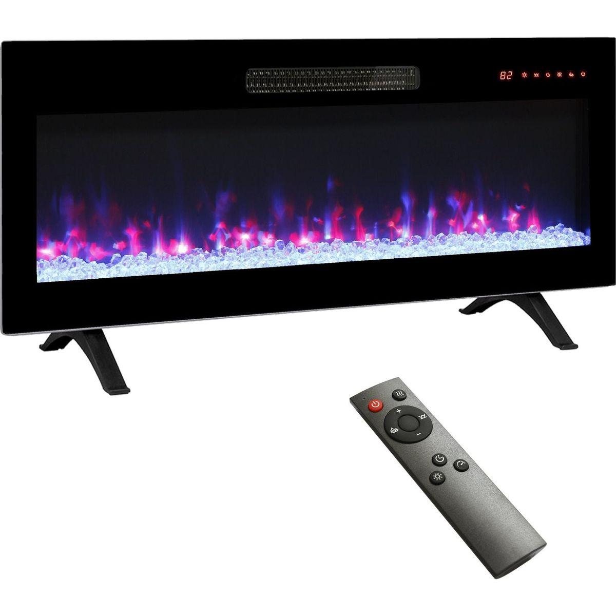36 inch recessed ultra thin tempered glass front wall mounted electric fireplace with remote and multi color flame & emberbed, LED light heater