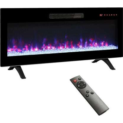 36 inch recessed ultra thin tempered glass front wall mounted electric fireplace with remote and multi color flame & emberbed, LED light heater