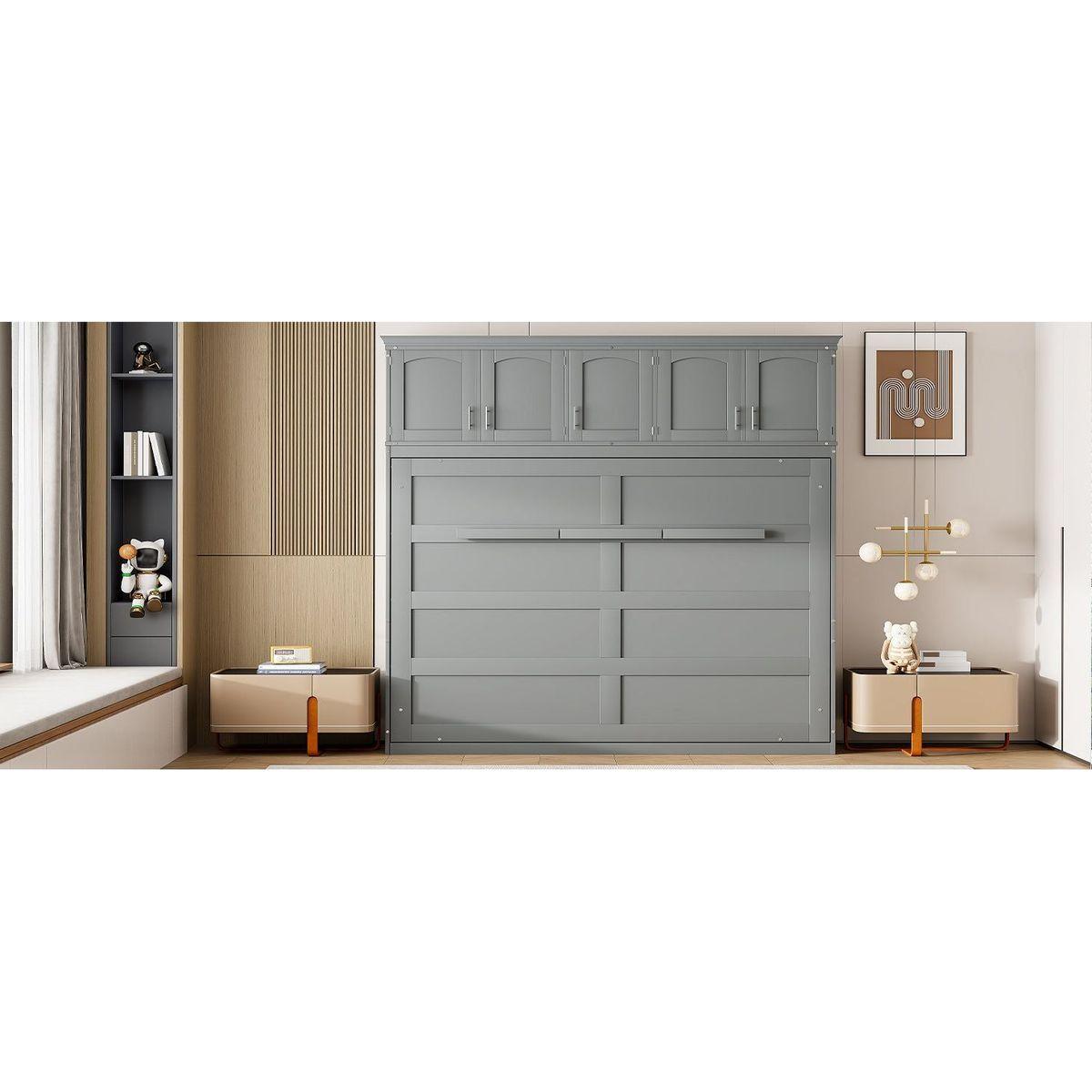 Full Size Murphy Bed Wall Bed with Top Cabinets,Gray