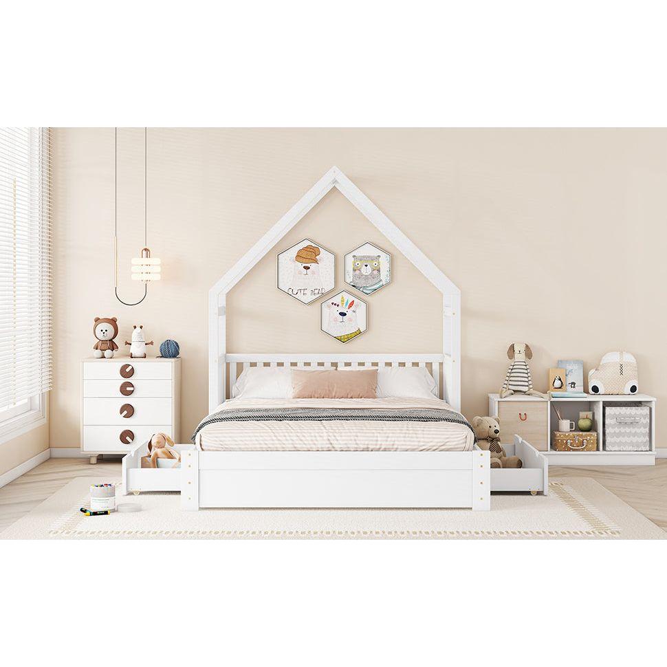 Wood Queen Size House Platform Bed with Guardrail and 2 Drawers, White