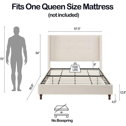 Upholstered Queen Bed / 54" High Headboard / Traditional Hand Buttoned Tufting / Nailhead Trim Wingback / No Box Spring Needed / Easy Assembly / Ivory Velvet
