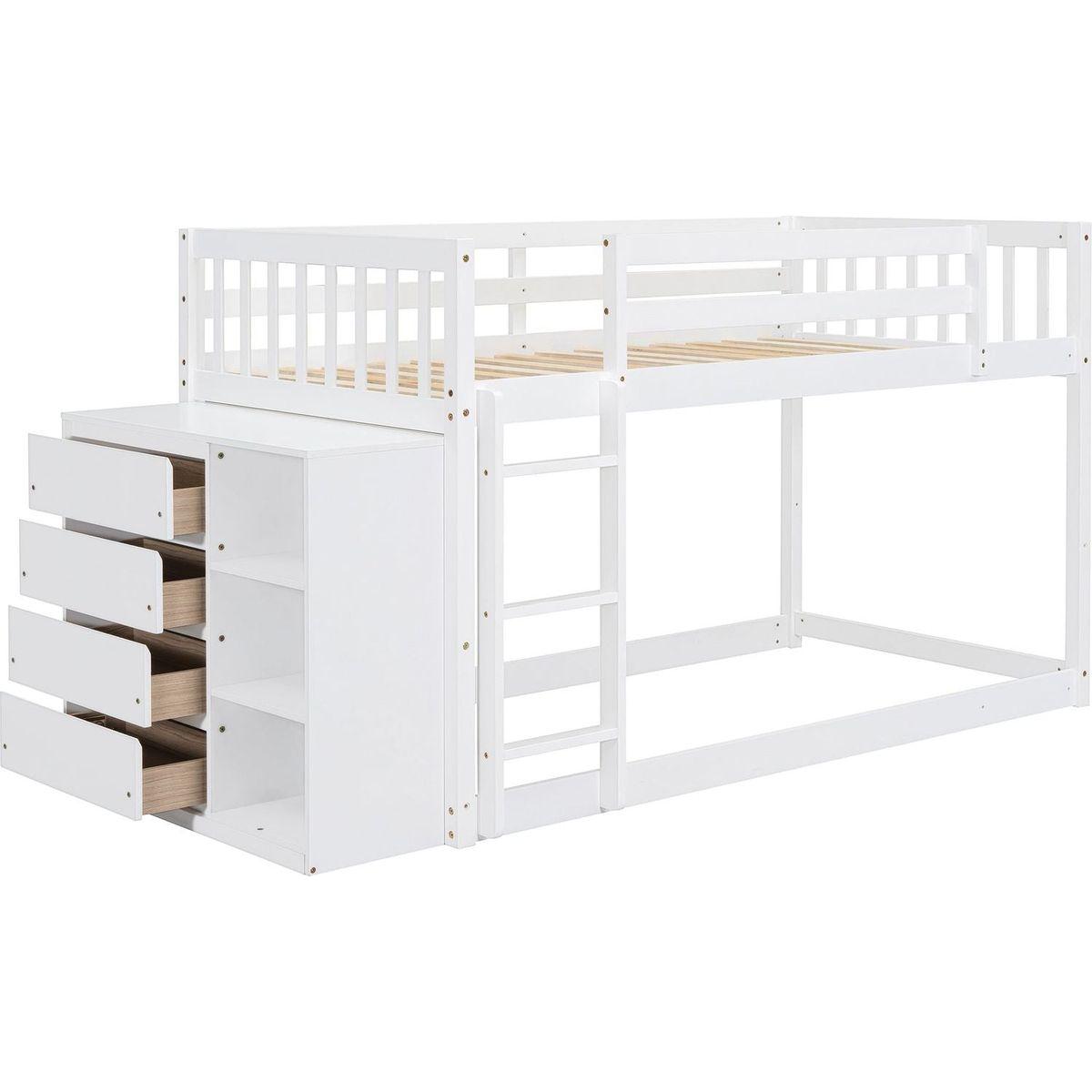 Twin over Twin Bunk Bed with 4 Drawers and 3 Shelves-White