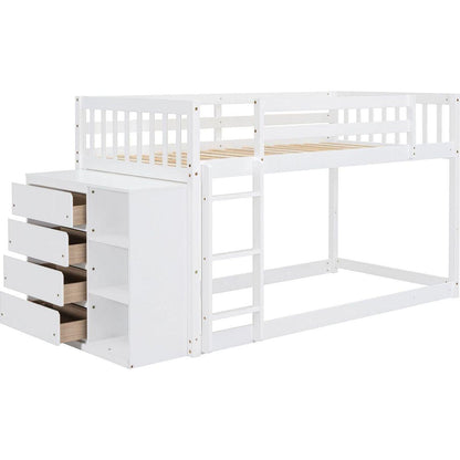 Twin over Twin Bunk Bed with 4 Drawers and 3 Shelves-White