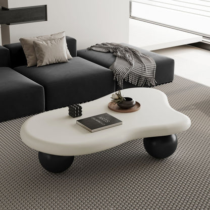 47 Inch Cloud Shaped Coffee Table with 3 Ball Legs for Living Room, White Top Black Legs