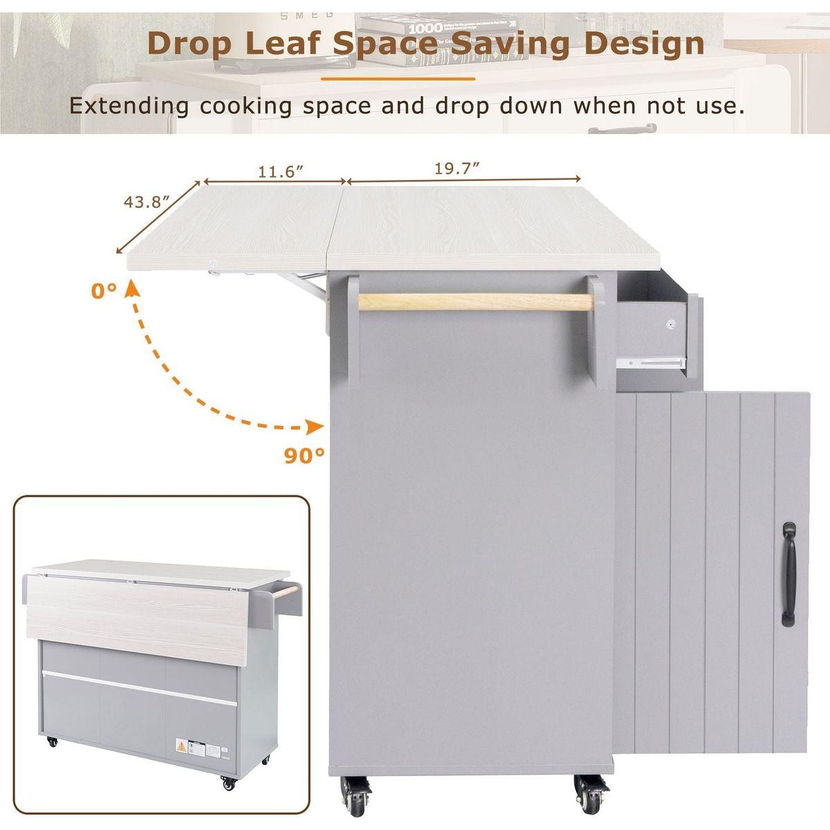 Kitchen Island with Trash Can Storage Cabinet, Kitchen Cart with Drop Leaf, Spice Rack, Towel Rack and Drawer, Rolling Kitchen Island on Wheels with Adjustable Shelf, Grey