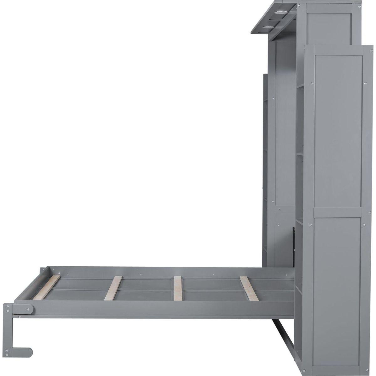 Queen Size Murphy Bed Wall Bed with Shelves and LED Lights,Gray