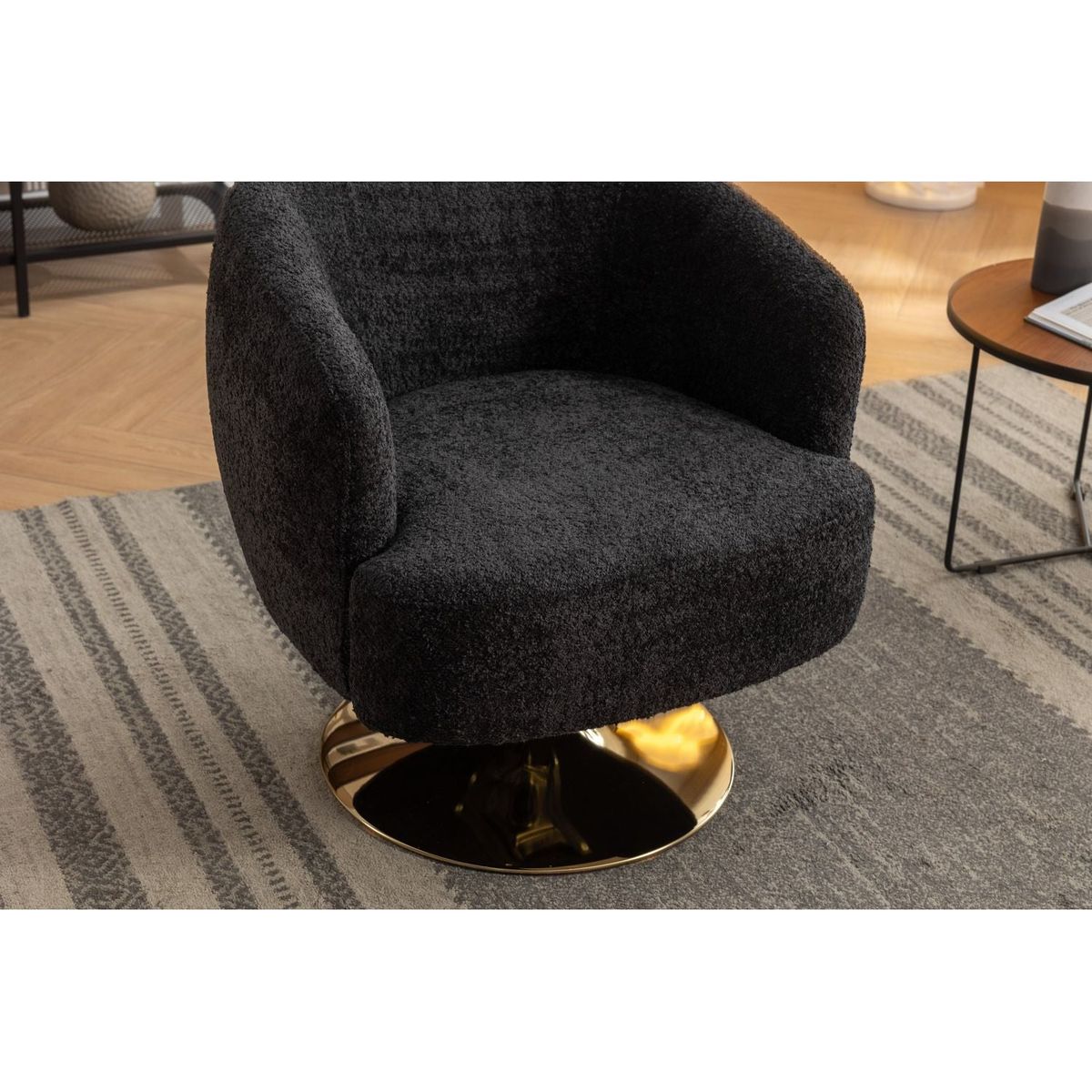 Chenille Fabric Accent Swivel Chair With Gold Metal Round Base,Black