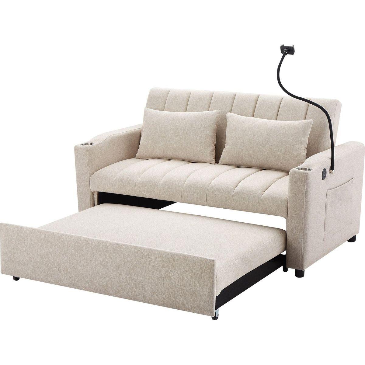 55.9" Convertible Sofa Bed Loveseat Sofa with Three USB Ports, Two Side Pockets, Two Cup Holders and 360Swivel Phone Holder for Living Room, Beige