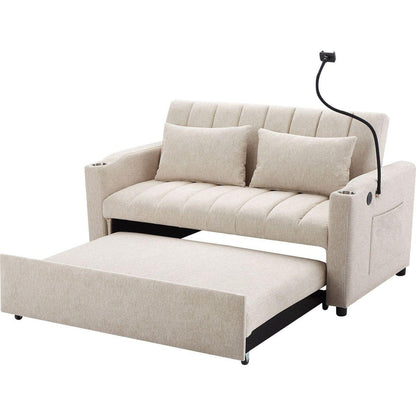55.9" Convertible Sofa Bed Loveseat Sofa with Three USB Ports, Two Side Pockets, Two Cup Holders and 360Swivel Phone Holder for Living Room, Beige