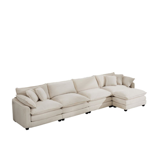 Classic & Modern Sectional Sofa with Ottoman - Light Beige Corduroy Upholstered 3-Seat Couch for Living Room