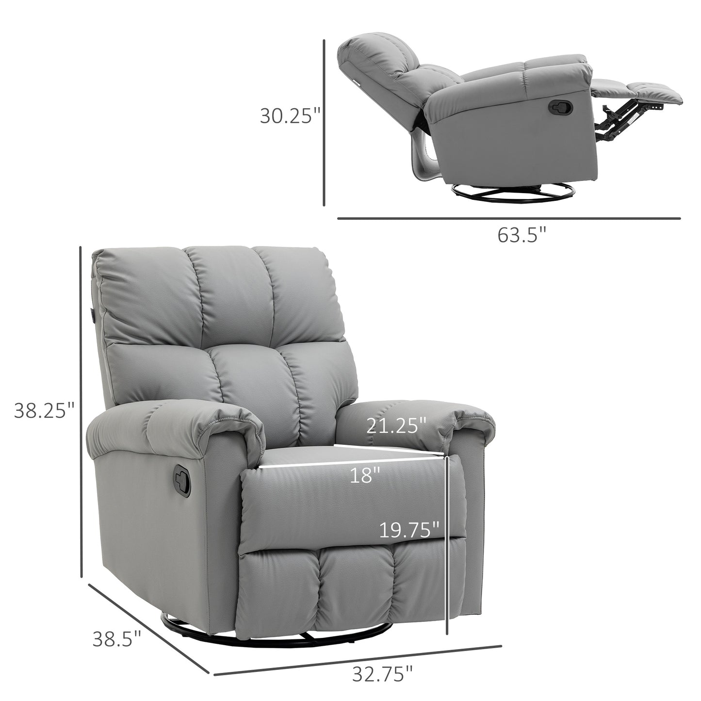 Rocker Recliner Chair with Overstuffed Back and Seat, Faux Leather Manual Reclining Chair with Footrest and 360 Swivel Rotation Base for Living Room, Gray