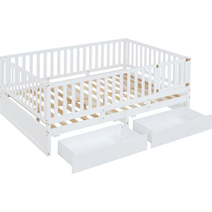 Full Size Wood Daybed with Fence Guardrails and 2 Drawers, Split into Independent Floor Bed & Daybed, White