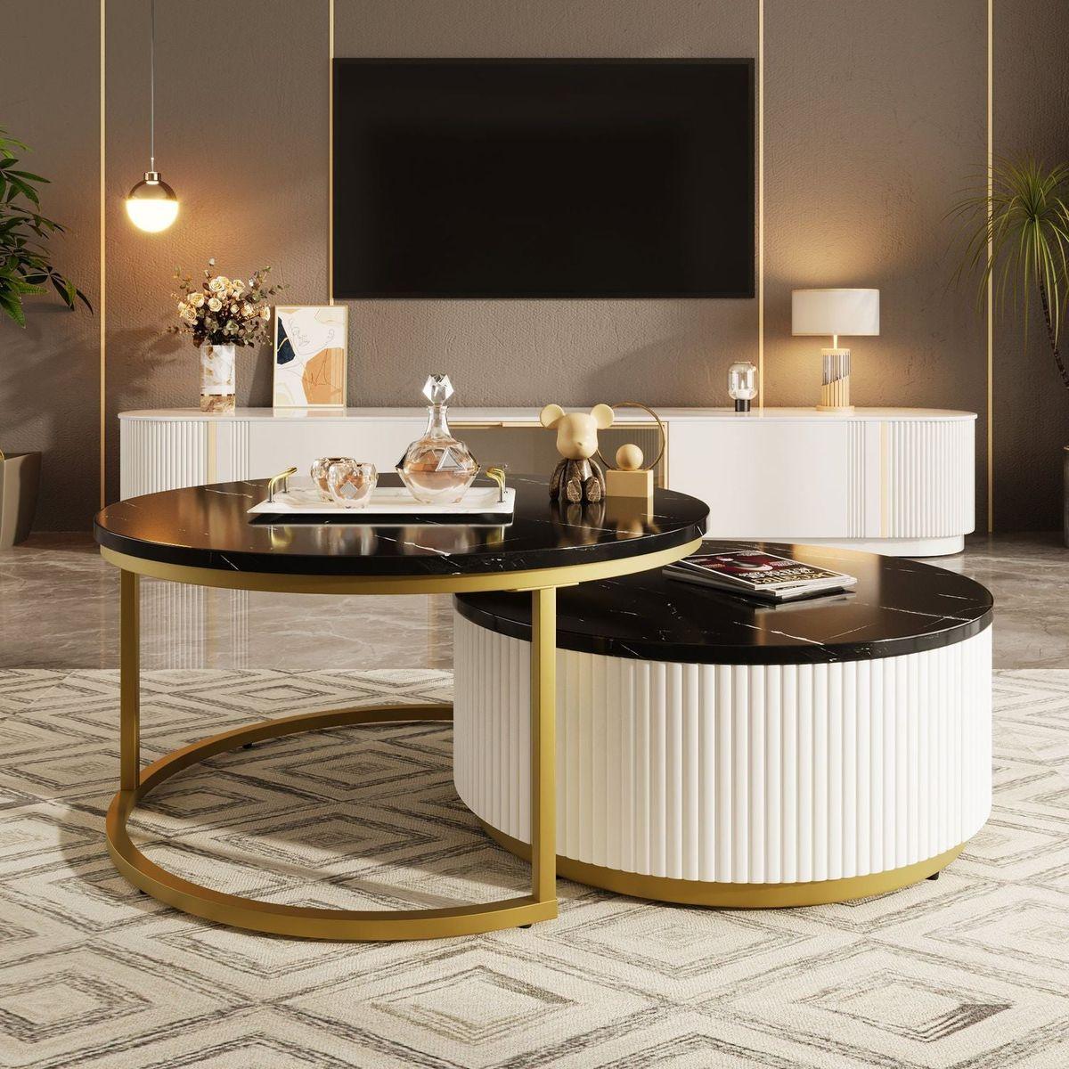 Modern Round Nesting Coffee Table Fluted with Drawer in Black & Gold in 31.5"