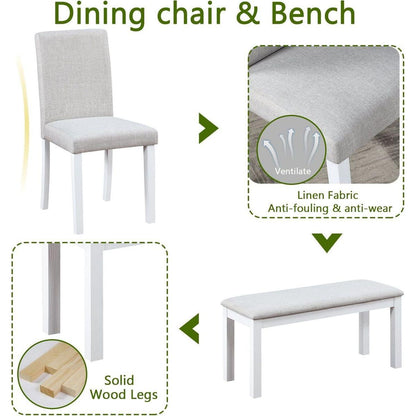 Wooden Dining Rectangular Table with Bench, Kitchen Table with Bench for Small Space, 6 Person Dining Table, White