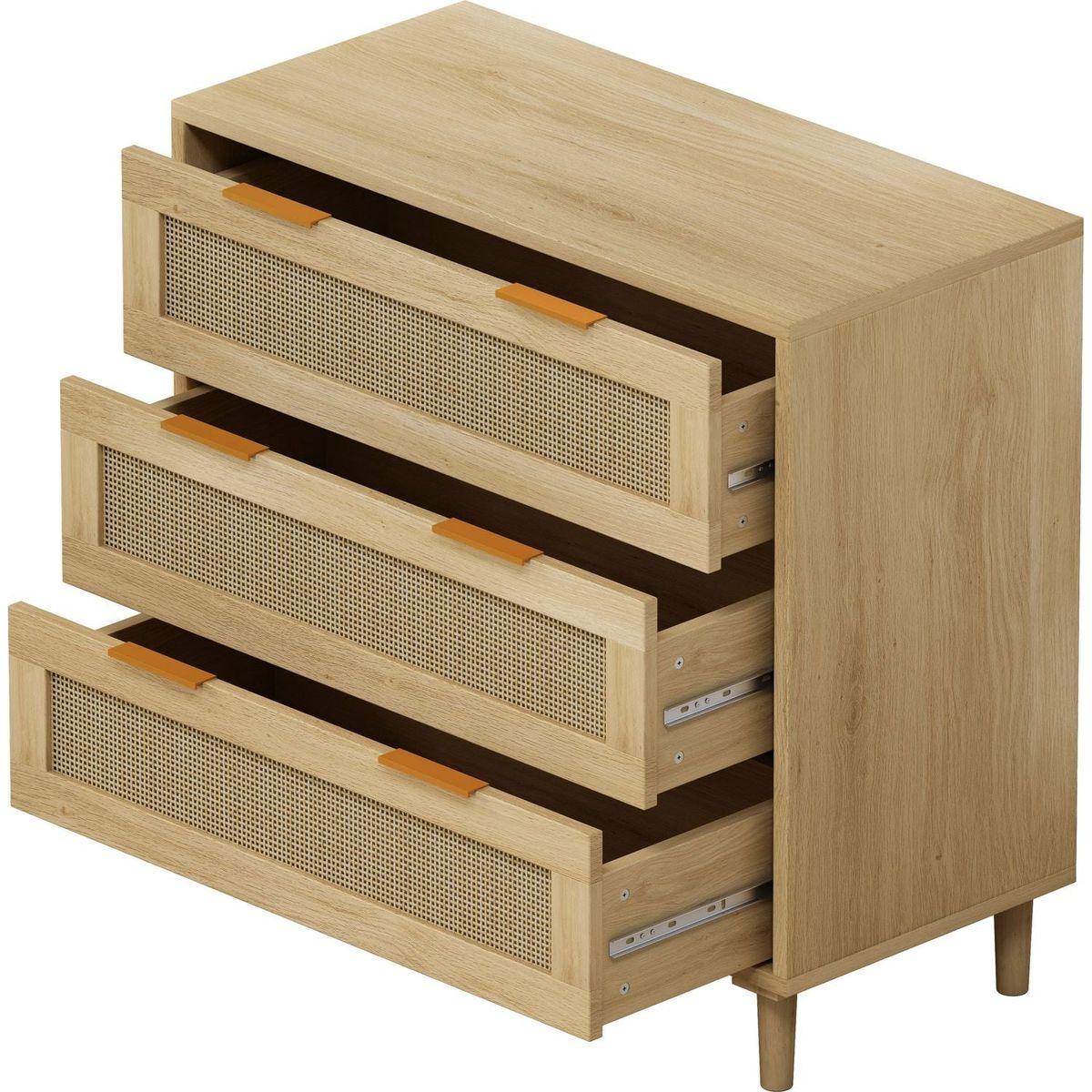 3-Drawers Rattan Storage Cabinet Rattan Drawer (Set of 2),for Bedroom,Living Room,Dining Room,Hallways,Oak