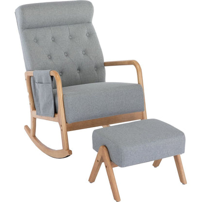 Rocking Chair With Ottoman, Mid-Century Modern Upholstered Fabric Rocking Armchair, Rocking Chair Nursery with Thick Padded Cushion, High Backrest Accent Glider Rocker Chair for Living Room