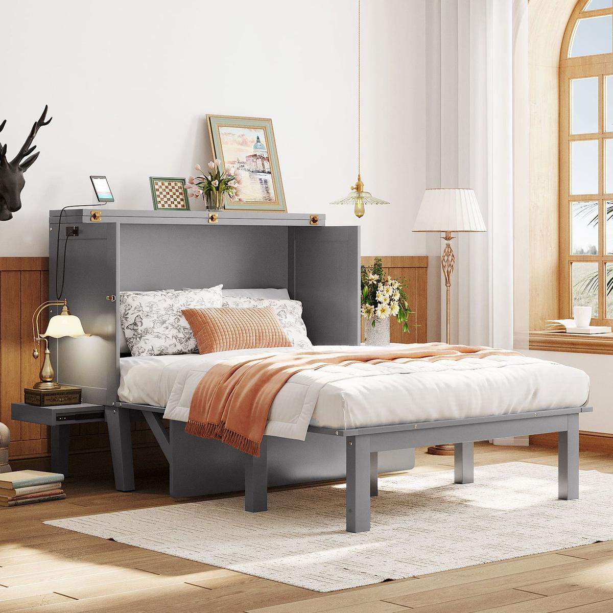 Full Size Murphy Bed with USB Port and removable Shelves on Each Side,Gray