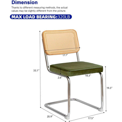 Dining Chairs Set of 2, Velvet Rattan Side Accent Chairs with Chrome Legs, Modern Mid Century Breuer Designed Chairs, Upholstered Dining Living Room Kitchen Chairs (Olive Green-2pcs)