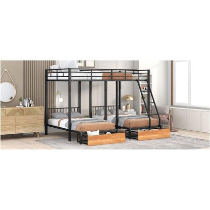 Full Over Twin & Twin Bunk Bed, Metal Triple Bunk Bed with Drawers and Guardrails, Black
