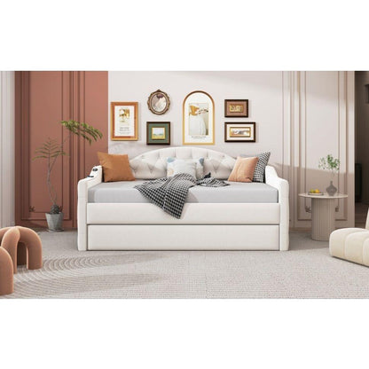 Twin Size Tufted Upholstered Daybed with Trundle, Velvet Sofabed with USB&Type-C Charging Ports,No Box-spring Needed, Beige