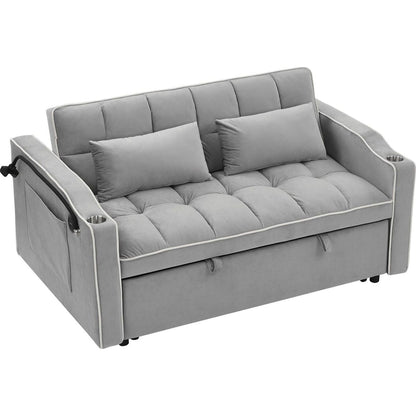 55.51 inch versatile foldable sofa bed in 3 lengths, modern sofa sofa sofa velvet pull-out bed, adjustable back and with USB port and ashtray and swivel phone stand (Grey)