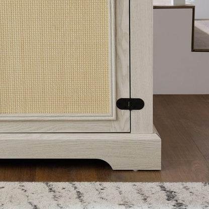 Farmhouse Rattan TV Stand Console Table for TVs up to 70 Inches, TV Console Table with 2 Storage Shelves, 2 Natural Rattan Door Cabinets,65"Wx15.55"Dx23.86"H, White