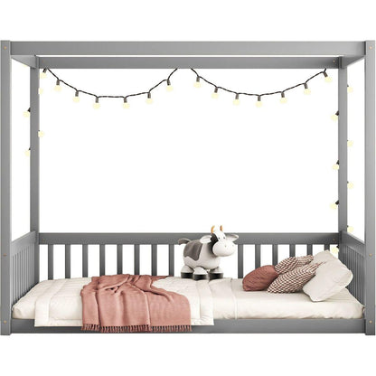Full Size Canopy Frame Floor Bed with Fence, Guardrails,Grey