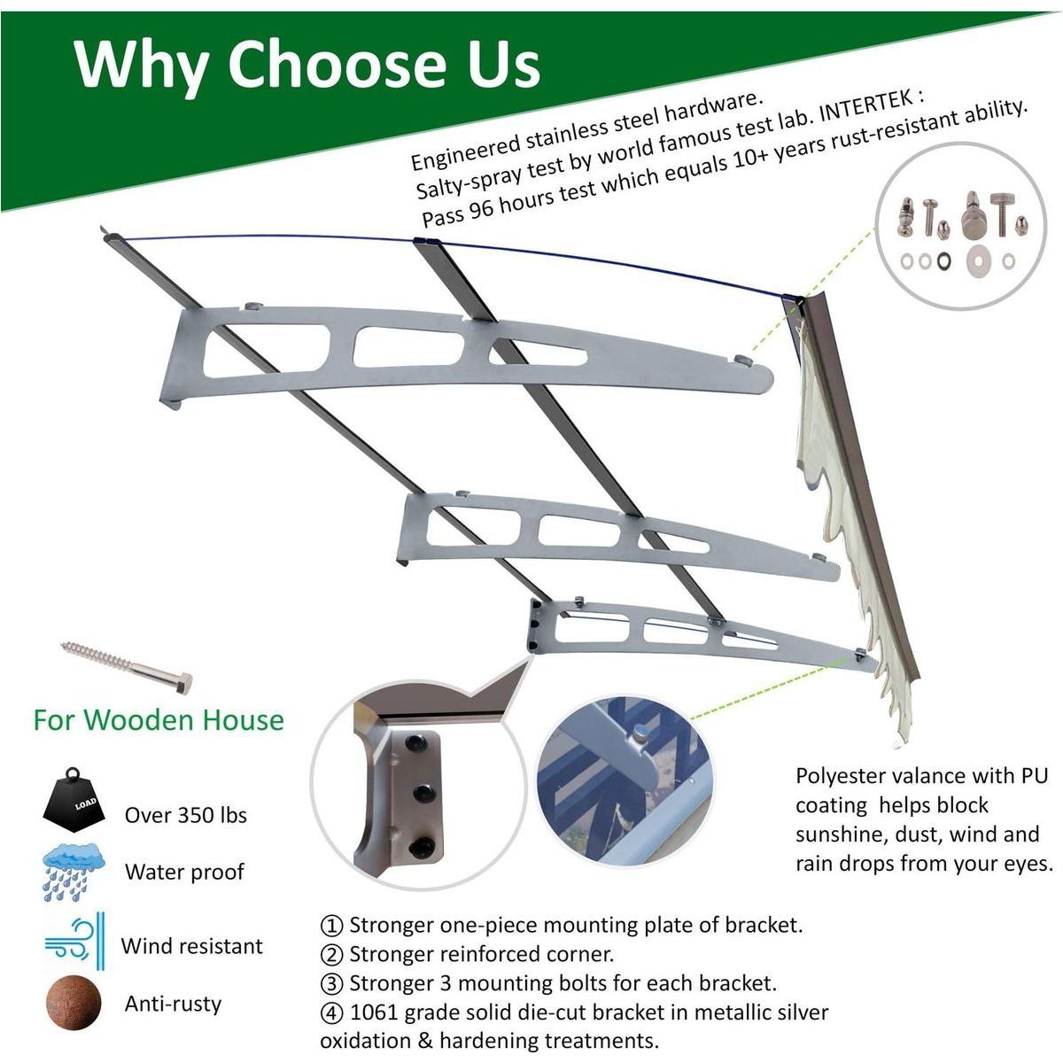 DA7934W Series Door Window Awning Canopy Made of 0.137Inch Thick Crystal Solid Polycarbonate Sheet and Aluminum Alloy with Valance in size of 79" Wide x 34" Deep for Wooden Wall House only.