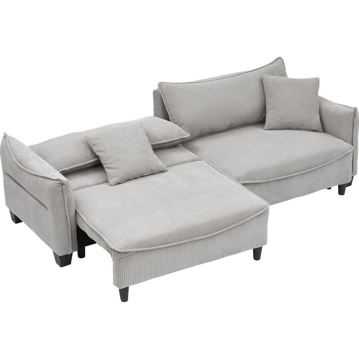 grey corduroy fabric, sofa can be converted into a sofa bed with two throw pillows, suitable for living room and other scenes