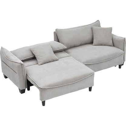 grey corduroy fabric, sofa can be converted into a sofa bed with two throw pillows, suitable for living room and other scenes