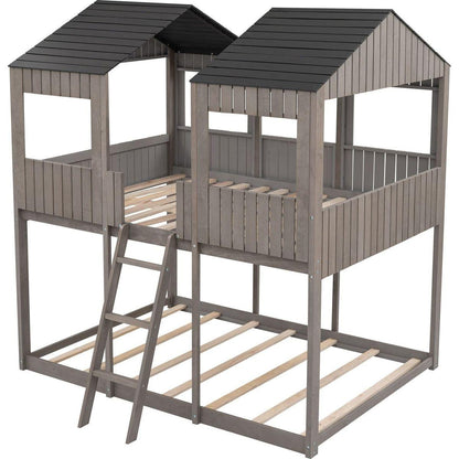 Full Over Full WoodBunk Bed with Roof, Window, Guardrail, Ladder(Antique Gray)