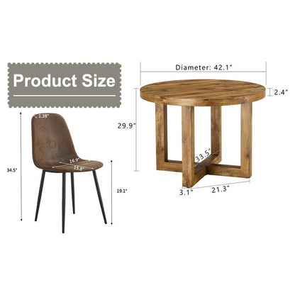 A modern and practical circular dining table. Made of MDF tabletop and wooden MDF table legs. A set of 4 brown cushioned chairs.