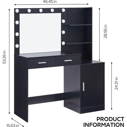 Vanity Desk with Mirror and Lights, 46.4IN Dressing Table with 2 Large Drawer&Large Vertical Organizer, 3 Level Dresser & 3 Lighting Modes Adjustable Brightness, Suitable for Bedroom(Black)