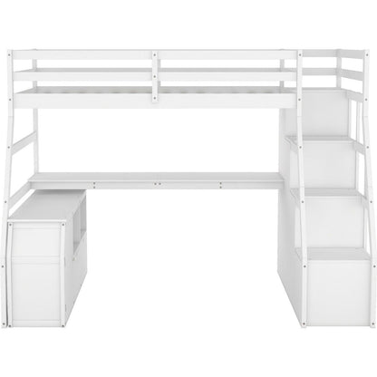 Twin Size Loft Bed with 7 Drawers 2 Shelves and Desk - White