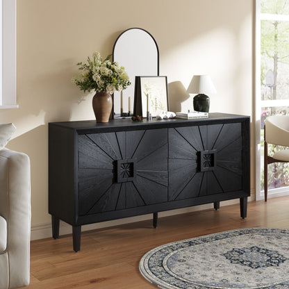 60' Premium Rustic American Farmhouse Credenza in Elegant Black - Symmetrical Sunburst Door Design, Heavy-Duty TV Stand with Adjustable Shelves, Black Wood Storage Cabinet