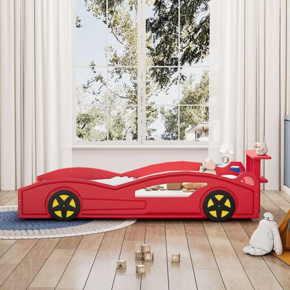 Wooden Race Car Bed,Car-Shaped Platform Twin Bed with Wheels For Teens,Red & Yellow